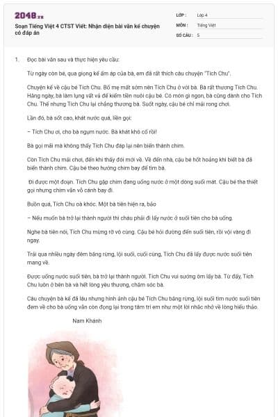 Soạn Tiếng Việt 4 CTST Viết: Nhận diện bài văn kể chuyện có đáp án
