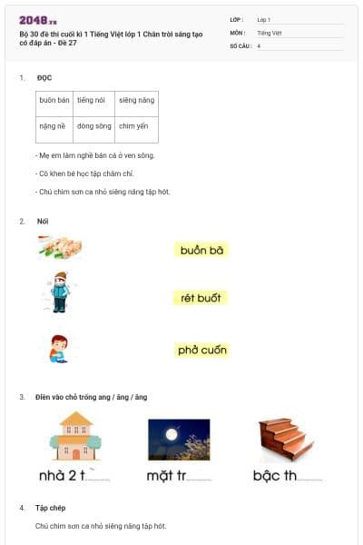 Bộ 30 đề thi cuối kì 1 Tiếng Việt lớp 1 Chân trời sáng tạo có đáp án - Đề 27