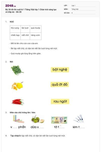 Bộ 30 đề thi cuối kì 1 Tiếng Việt lớp 1 Chân trời sáng tạo có đáp án - Đề 28