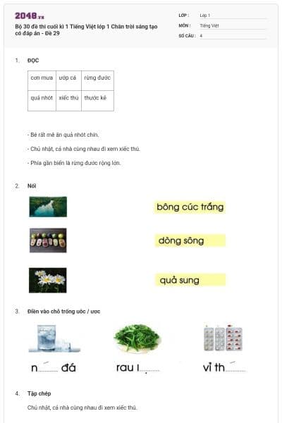 Bộ 30 đề thi cuối kì 1 Tiếng Việt lớp 1 Chân trời sáng tạo có đáp án - Đề 29