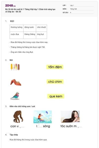Bộ 30 đề thi cuối kì 1 Tiếng Việt lớp 1 Chân trời sáng tạo có đáp án - Đề 30