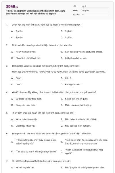 10 câu trắc nghiệm Viết đoạn văn thể hiện tình cảm, cảm xúc về một sự việc nối Kết nối tri thức có đáp án