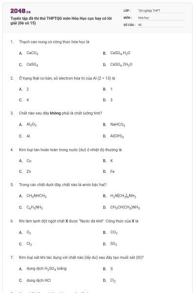 Tuyển tập đề thi thử THPTQG môn Hóa Học cực hay có lời giải (Đề số 15)