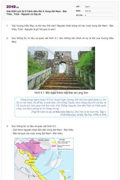 Giải SGK Lịch Sử 8 Cánh diều Bài 4: Xung đột Nam - Bắc Triều , Trịnh - Nguyễn có đáp án