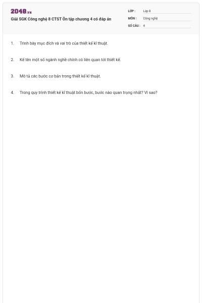 Giải SGK Công nghệ 8 CTST Ôn tập chương 4 có đáp án