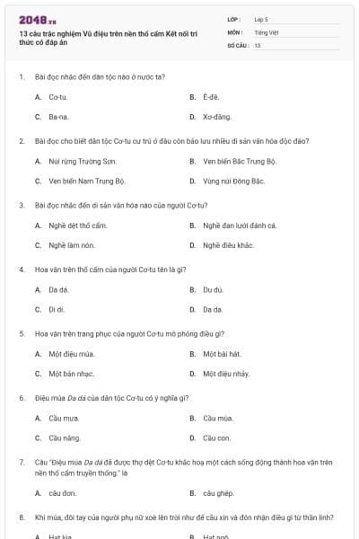 13 câu trắc nghiệm Vũ điệu trên nền thổ cẩm Kết nối tri thức có đáp án