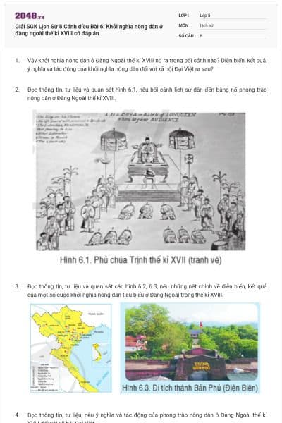 Giải SGK Lịch Sử 8 Cánh diều Bài 6: Khởi nghĩa nông dân ở đàng ngoài thế kỉ XVIII có đáp án