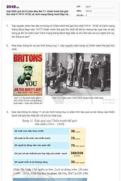 Giải SGK Lịch Sử 8 Cánh diều Bài 11: Chiến tranh thế giới thứ nhất 9 1914-1918) và cách mạng tháng mười Nga năm 1917 có đáp án