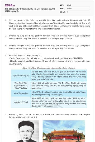 Giải SGK Lịch Sử 8 Cánh diều Bài 16: Việt Nam nửa sau thế kỉ XIX có đáp án