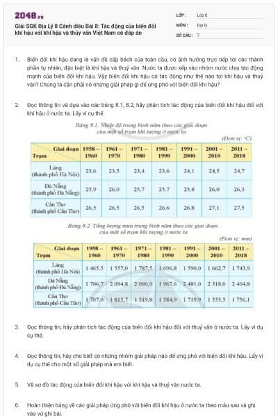 Giải SGK Địa Lý 8 Cánh diều Bài 8: Tác động của biến đổi khí hậu với khí hậu và thủy văn Việt Nam có đáp án