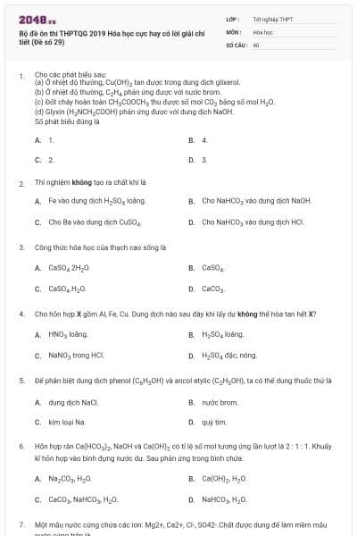 Bộ đề ôn thi THPTQG 2019 Hóa học cực hay có lời giải chi tiết (Đề số 29)