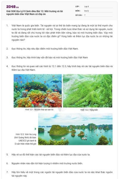 Giải SGK Địa Lý 8 Cánh diều Bài 12: Môi trường và tài nguyên biển đảo Việt Nam có đáp án