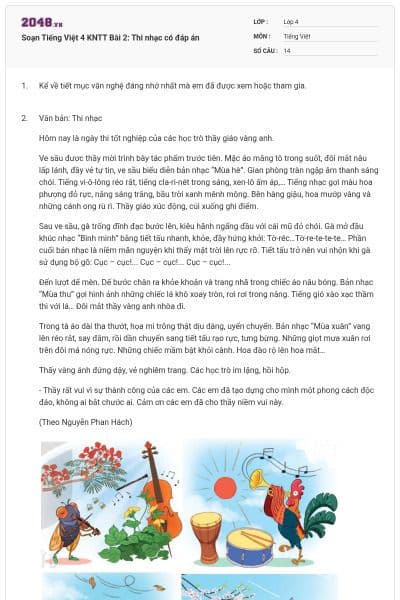 Soạn Tiếng Việt 4 KNTT Bài 2: Thi nhạc có đáp án