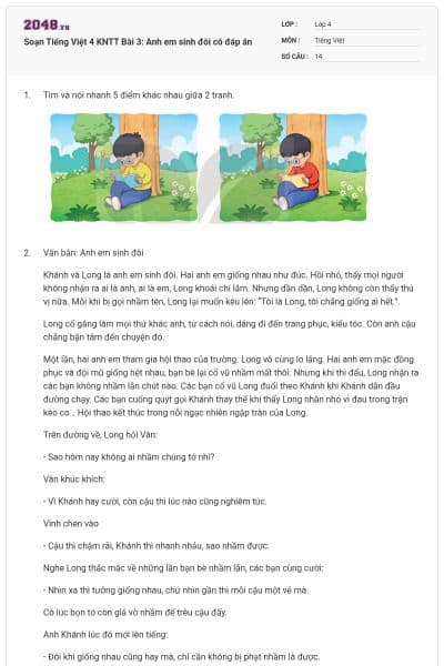 Soạn Tiếng Việt 4 KNTT Bài 3: Anh em sinh đôi có đáp án