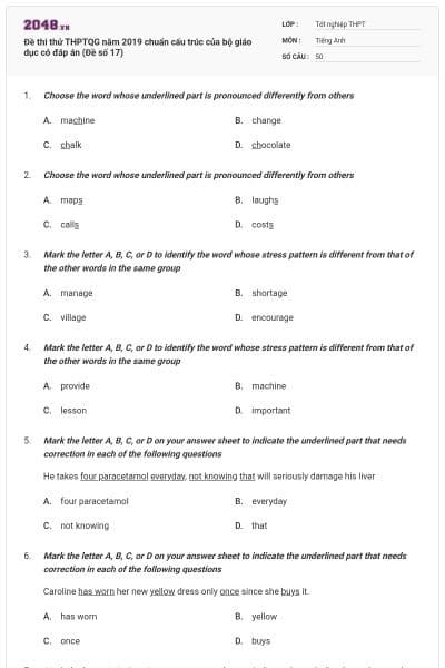 Đề thi thử THPTQG năm 2019 chuẩn cấu trúc của bộ giáo dục có đáp án (Đề số 17)