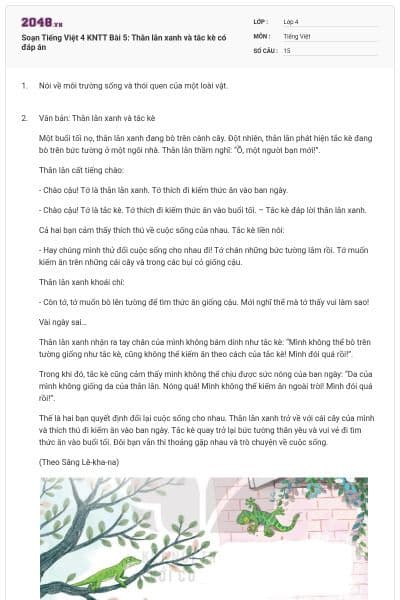 Soạn Tiếng Việt 4 KNTT Bài 5: Thằn lằn xanh và tắc kè có đáp án