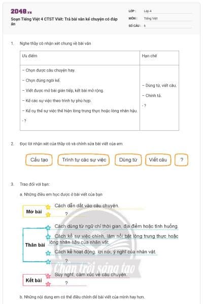 Soạn Tiếng Việt 4 CTST Viết: Trả bài văn kể chuyện có đáp án
