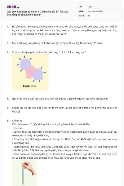Giải SGK Khoa học tự nhiên 8 Cánh diều Bài 17. Áp suất chất lỏng và chất khí có đáp án