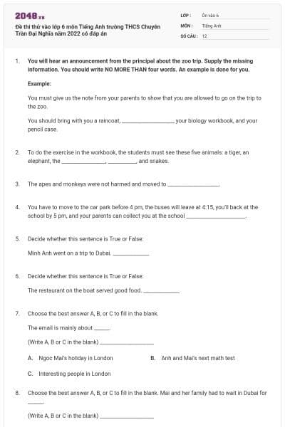 Đề thi thử vào lớp 6 môn Tiếng Anh trường THCS Chuyên Trần Đại Nghĩa năm 2022 có đáp án