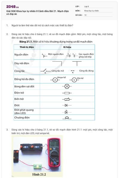 Giải SGK Khoa học tự nhiên 8 Cánh diều Bài 21. Mạch điện có đáp án