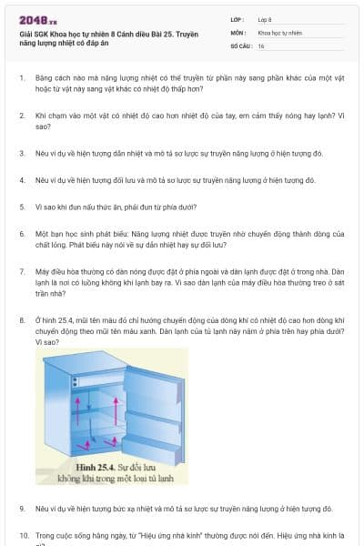 Giải SGK Khoa học tự nhiên 8 Cánh diều Bài 25. Truyền năng lượng nhiệt có đáp án