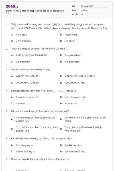 Đề thi Học Kì 2 môn hóa lớp 12 cực hay có lời giải (Đề số 11)