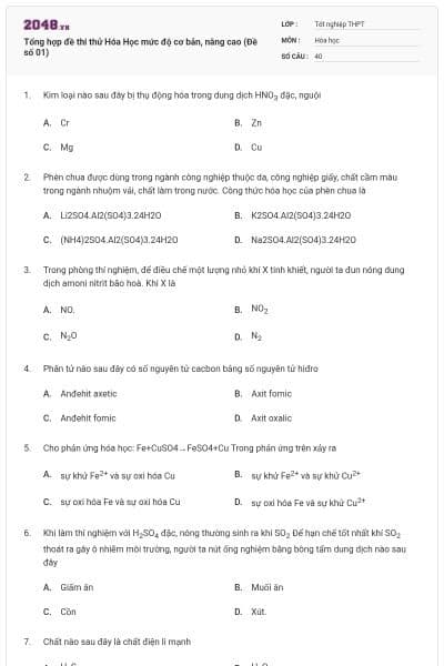 Tổng hợp đề thi thử Hóa Học mức độ cơ bản, nâng cao (Đề số 01)