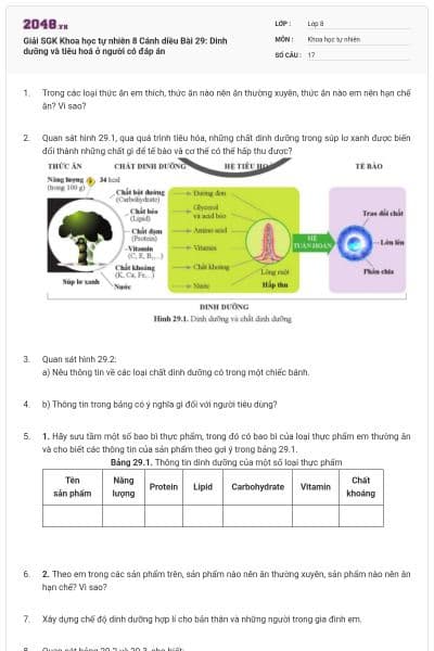 Giải SGK Khoa học tự nhiên 8 Cánh diều Bài 29: Dinh dưỡng và tiêu hoá ở người có đáp án