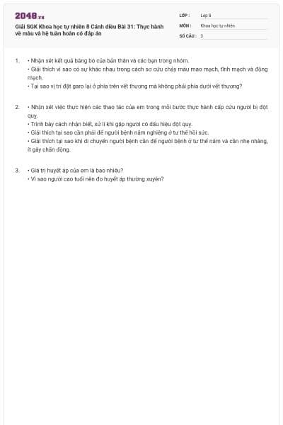 Giải SGK Khoa học tự nhiên 8 Cánh diều Bài 31: Thực hành về màu và hệ tuần hoàn có đáp án