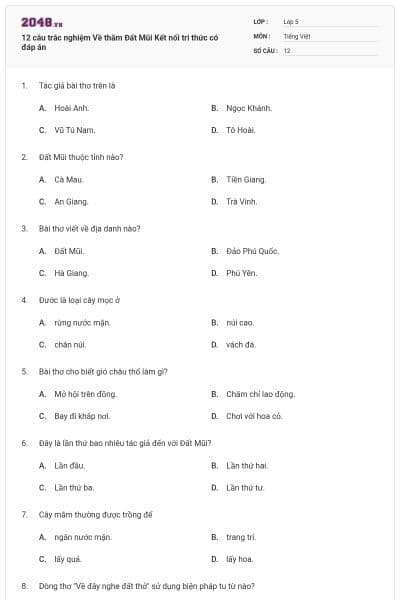 12 câu trắc nghiệm Về thăm Đất Mũi Kết nối tri thức có đáp án