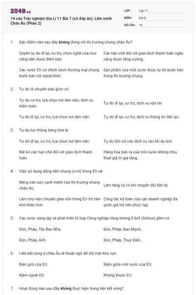 14 câu Trắc nghiệm Địa Lí 11 Bài 7 (có đáp án): Liên minh Châu Âu (Phần 2)