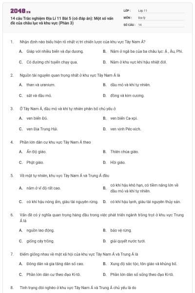 14 câu  Trắc nghiệm Địa Lí 11 Bài 5 (có đáp án): Một số vấn đề của châu lục và khu vực (Phần 3)