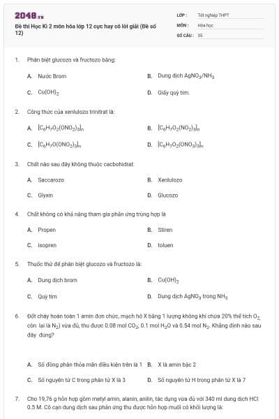 Đề thi Học Kì 2 môn hóa lớp 12 cực hay có lời giải (Đề số 12)