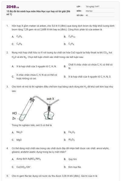 15 Bộ đề thi minh họa môn Hóa Học cực hay có lời giải (Đề số 1)