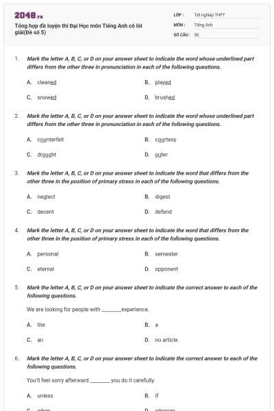 Tổng hợp đề luyện thi Đại Học môn Tiếng Anh có lời giải(Đề số 5)