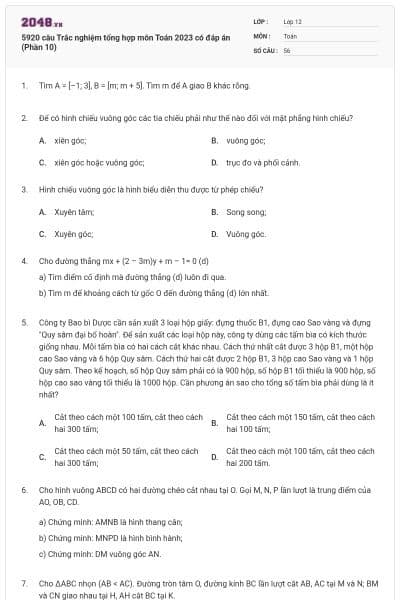 5920 câu Trắc nghiệm tổng hợp môn Toán 2023 có đáp án (Phần 10)