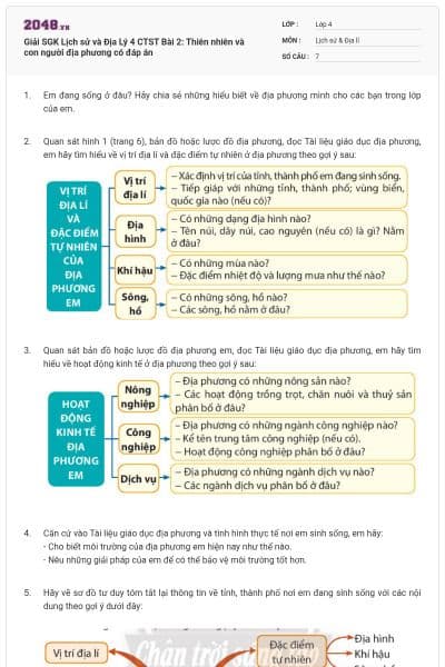 Giải SGK Lịch sử và Địa Lý 4 CTST Bài 2: Thiên nhiên và con người địa phương có đáp án
