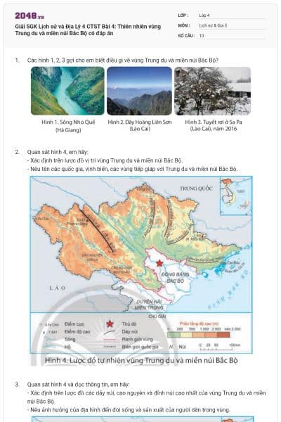 Giải SGK Lịch sử và Địa Lý 4 CTST Bài 4: Thiên nhiên vùng Trung du và miền núi Bắc Bộ có đáp án
