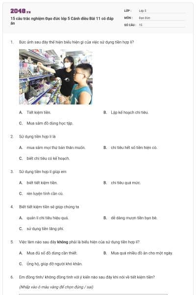 15 câu trắc nghiệm Đạo đức lớp 5 Cánh diều Bài 11 có đáp án