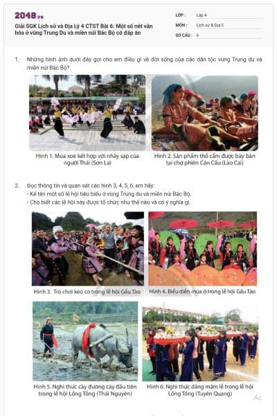 Giải SGK Lịch sử và Địa Lý 4 CTST Bài 6: Một số nét văn hóa ở vùng Trung Du và miền núi Bắc Bộ có đáp án