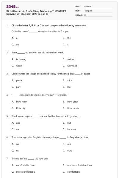 Đề thi thử vào lớp 6 môn Tiếng Anh trường THCS&THPT Nguyễn Tất Thành năm 2023 có đáp án