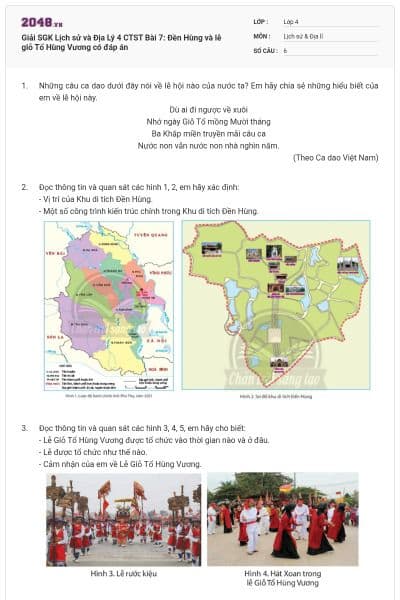 Giải SGK Lịch sử và Địa Lý 4 CTST Bài 7: Đền Hùng và lễ giỗ Tổ Hùng Vương có đáp án