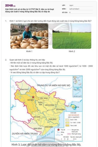 Giải SGK Lịch sử và Địa Lý 4 CTST Bài 9: dân cư và hoạt động sản xuất ở vùng đồng bằng Bắc Bộ có đáp án