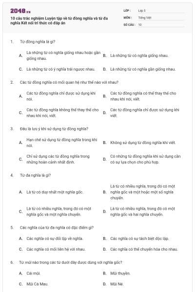 10 câu trắc nghiệm Luyện tập về từ đồng nghĩa và từ đa nghĩa Kết nối tri thức có đáp án