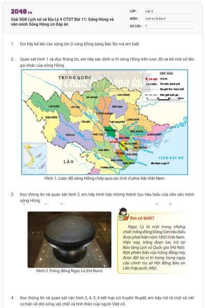 Giải SGK Lịch sử và Địa Lý 4 CTST Bài 11: Sông Hồng và văn minh Sông Hồng có đáp án