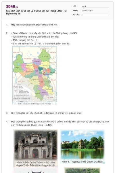 Giải SGK Lịch sử và Địa Lý 4 CTST Bài 12: Thăng Long - Hà Nội có đáp án