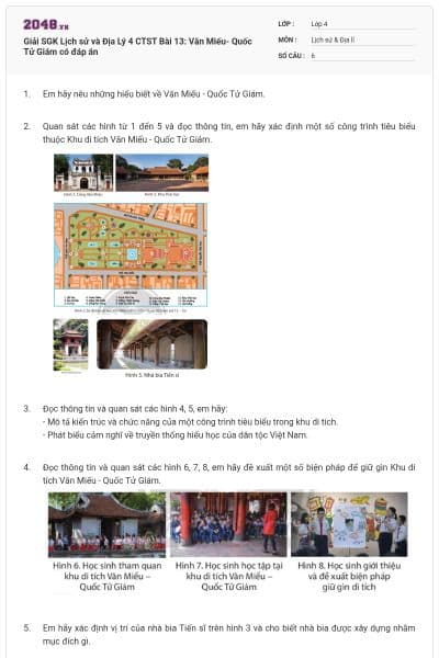 Giải SGK Lịch sử và Địa Lý 4 CTST Bài 13: Văn Miếu- Quốc Tử Giám có đáp án