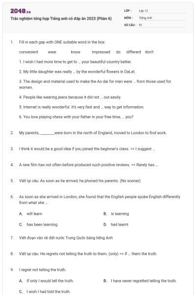 Trắc nghiệm tổng hợp Tiếng anh có đáp án 2023 (Phần 6)