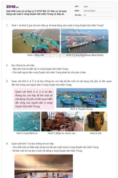 Giải SGK Lịch sử và Địa Lý 4 CTST Bài 15: Dân cư và hoạt động sản xuất ở vùng Duyên Hải miền Trung có đáp án