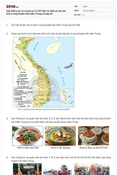 Giải SGK Lịch sử và Địa Lý 4 CTST Bài 16: Một số nét văn hóa ở vùng Duyên Hải miền Trung có đáp án